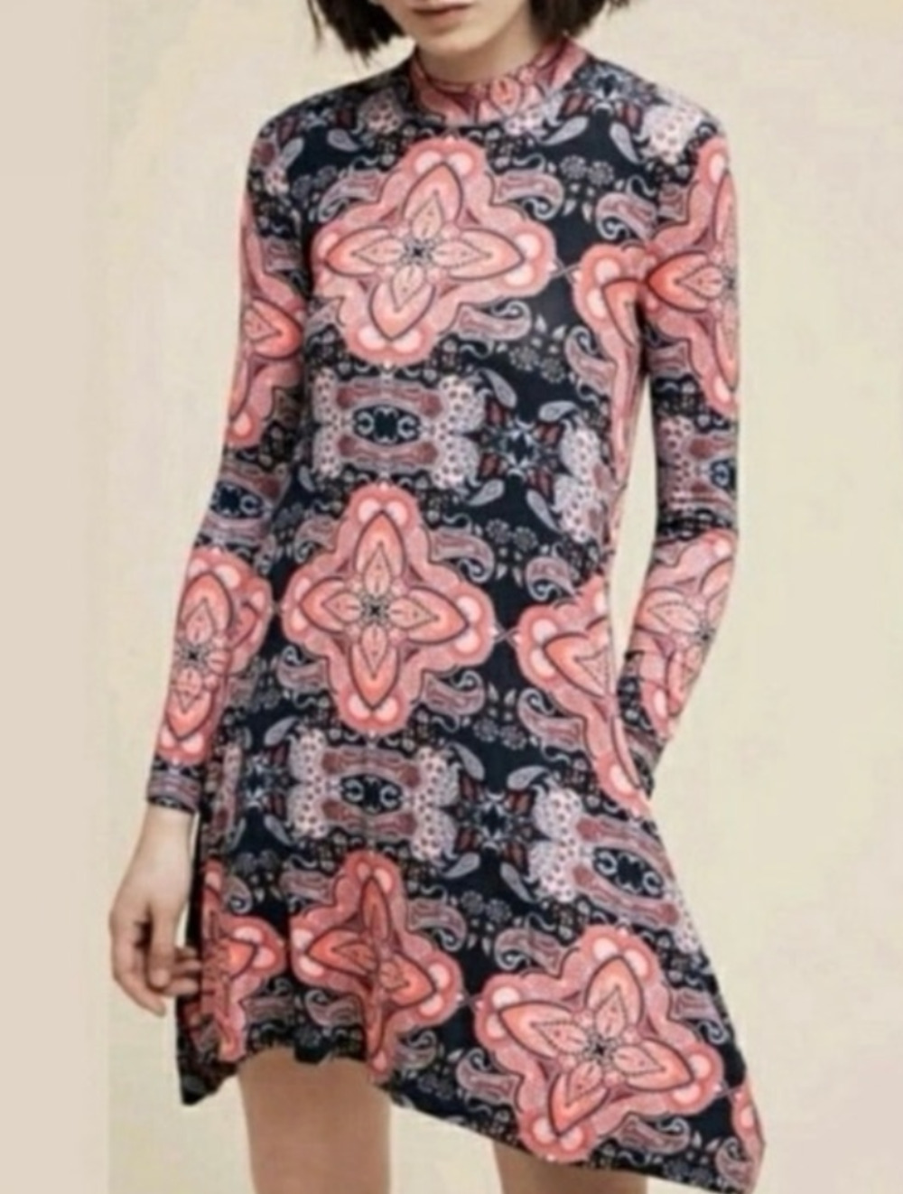 Maeve Myra paisley asymmetrical hem mock neck midi dress Size Small Boho Stretch
